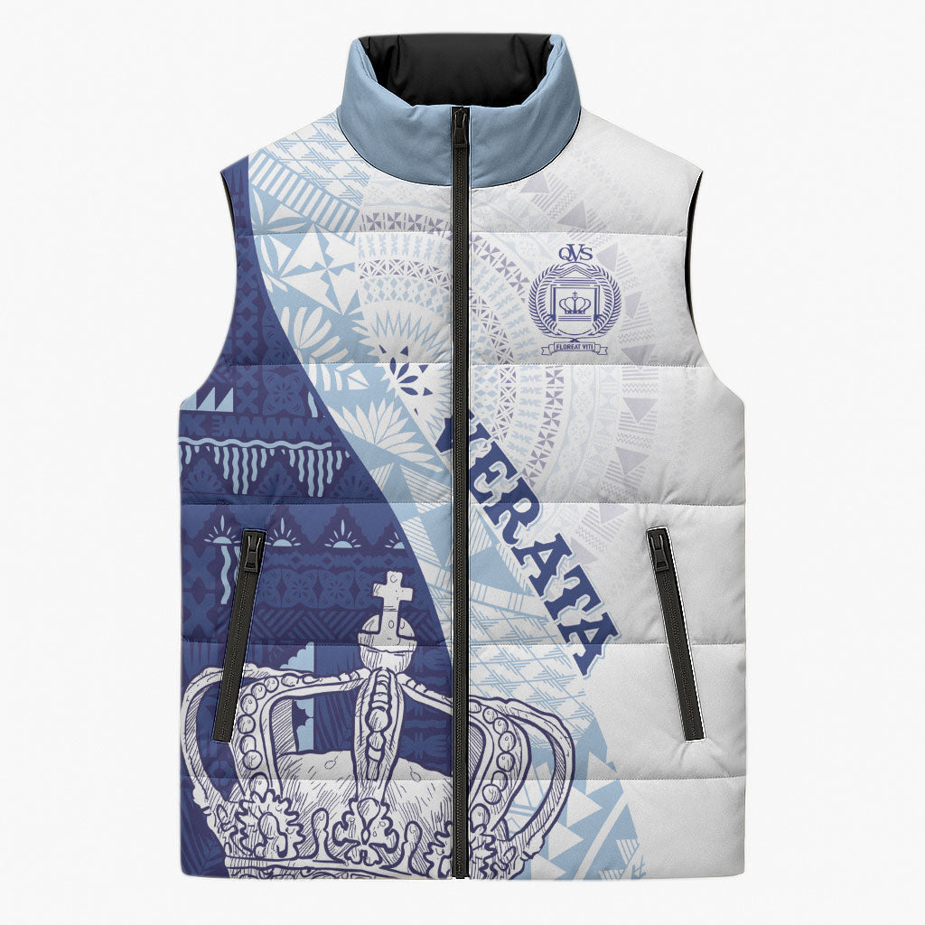 Queen Victoria School Fiji Vulinitu Verata House Sleeveless Puffer Jacket Masi Tapa LT7 Unisex Blue - Polynesian Pride