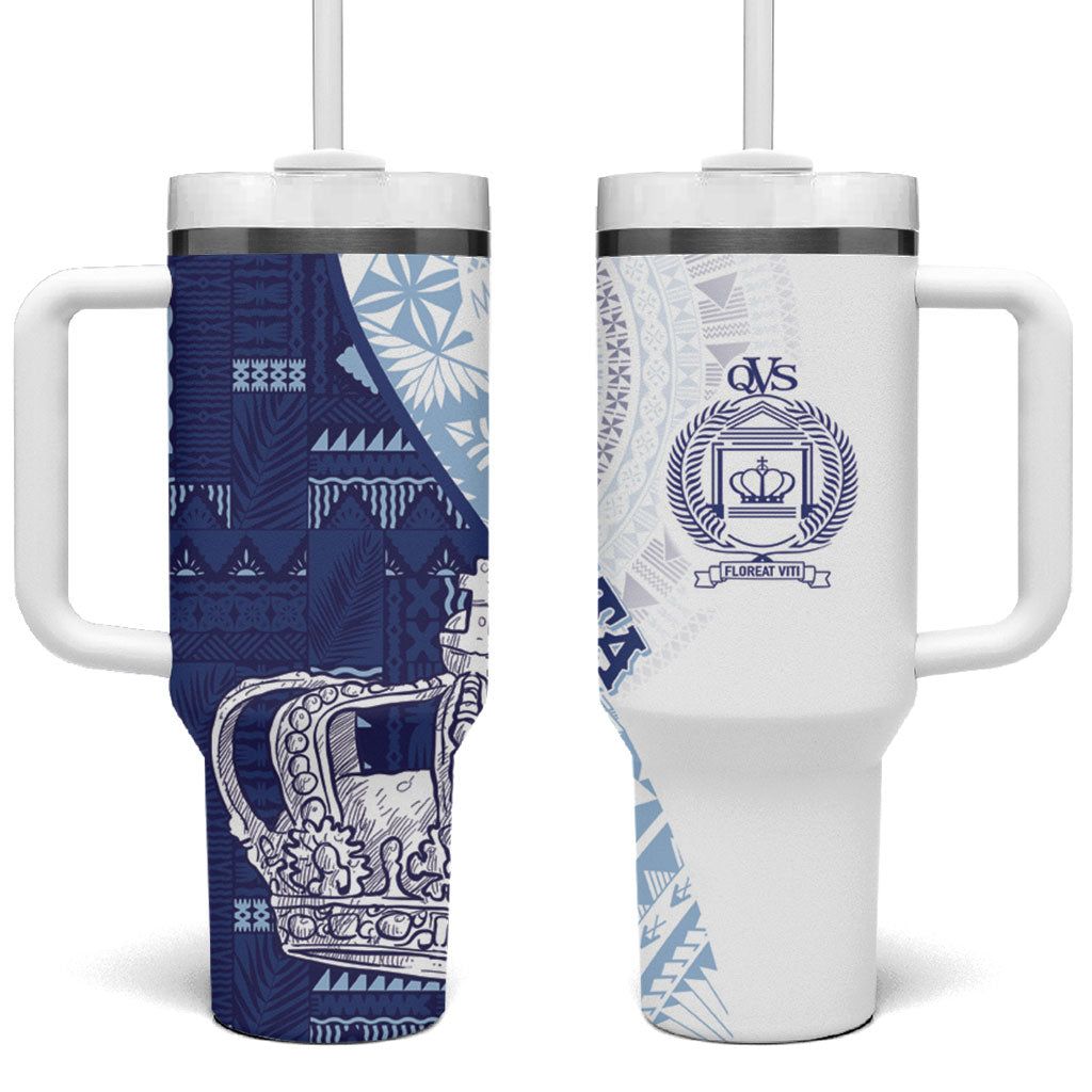 Queen Victoria School Fiji Vulinitu Verata House Tumbler With Handle Masi Tapa LT7 One Size: 40 oz Blue - Polynesian Pride