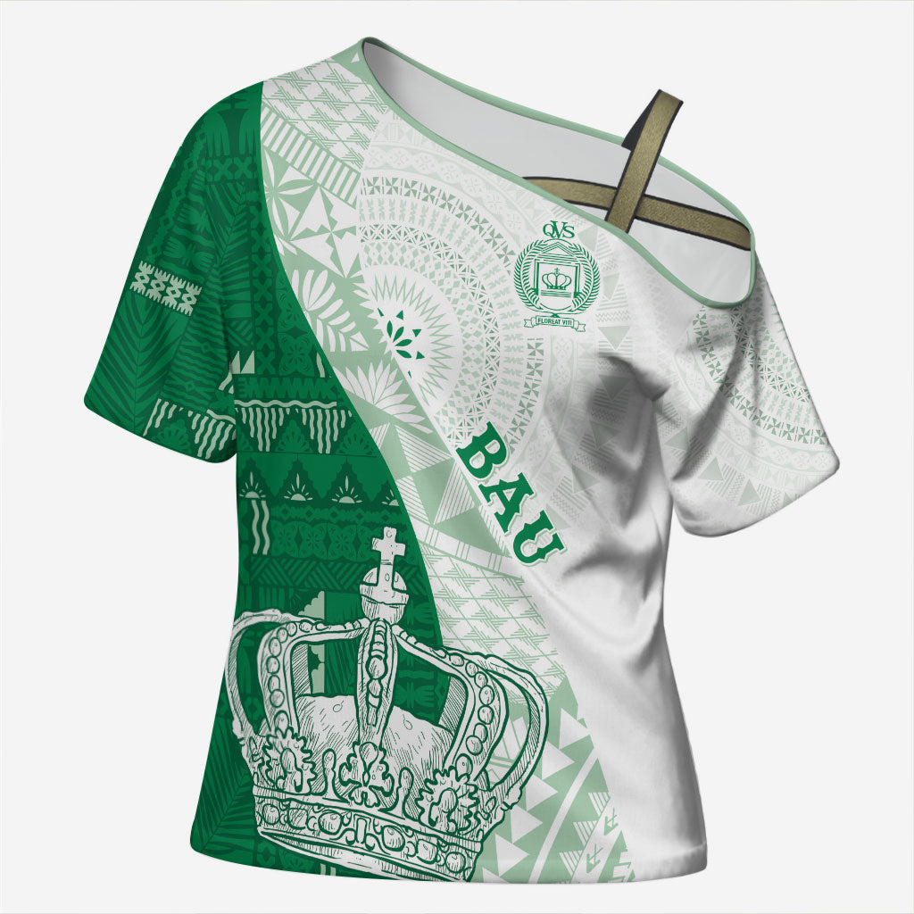 Queen Victoria School Fiji Vulinitu Bau House Cross Shoulder Shirt Masi Tapa LT7 Female Green - Polynesian Pride