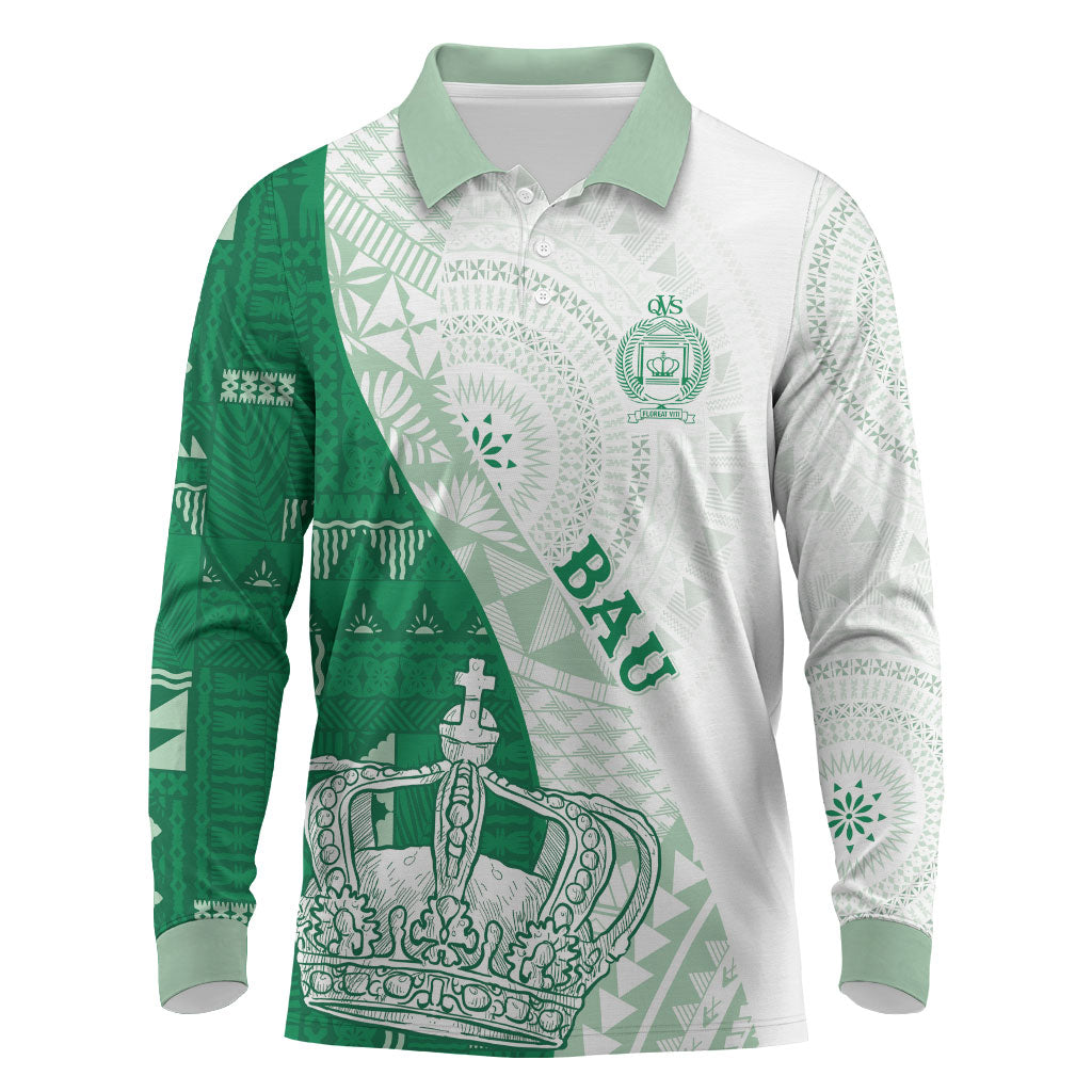 Queen Victoria School Fiji Vulinitu Bau House Long Sleeve Polo Shirt Masi Tapa LT7 Green - Polynesian Pride