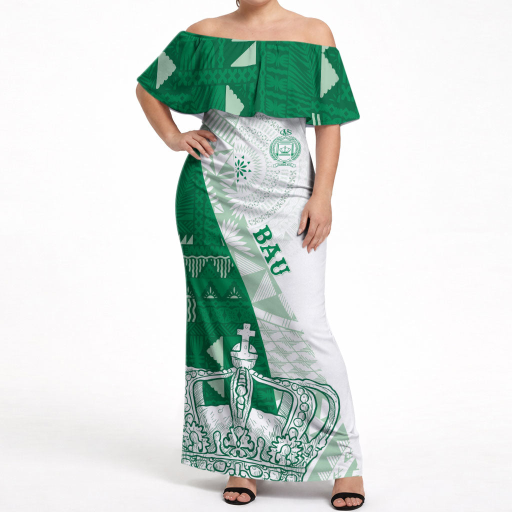 Queen Victoria School Fiji Vulinitu Bau House Off Shoulder Maxi Dress Masi Tapa LT7 Women Green - Polynesian Pride