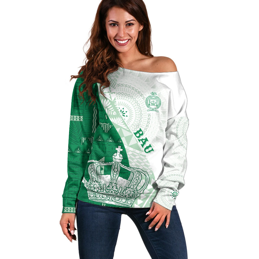 Queen Victoria School Fiji Vulinitu Bau House Off Shoulder Sweater Masi Tapa LT7 Women Green - Polynesian Pride