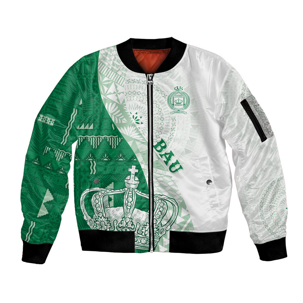 Queen Victoria School Fiji Vulinitu Bau House Sleeve Zip Bomber Jacket Masi Tapa LT7 Unisex Green - Polynesian Pride