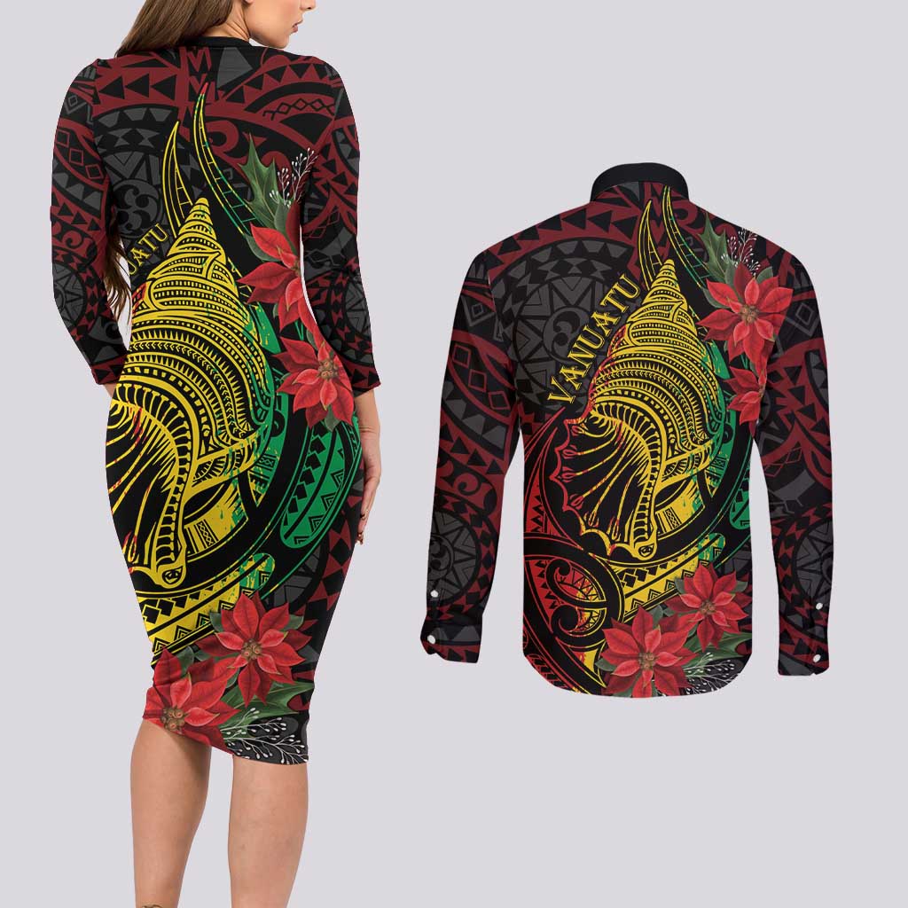 Vanuatu Meri Krismas Couples Matching Long Sleeve Bodycon Dress and Long Sleeve Button Shirt Conch Shell Tribal Art