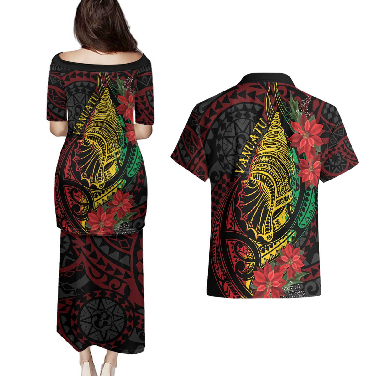 Vanuatu Meri Krismas Couples Matching Puletasi and Hawaiian Shirt Conch Shell Tribal Art