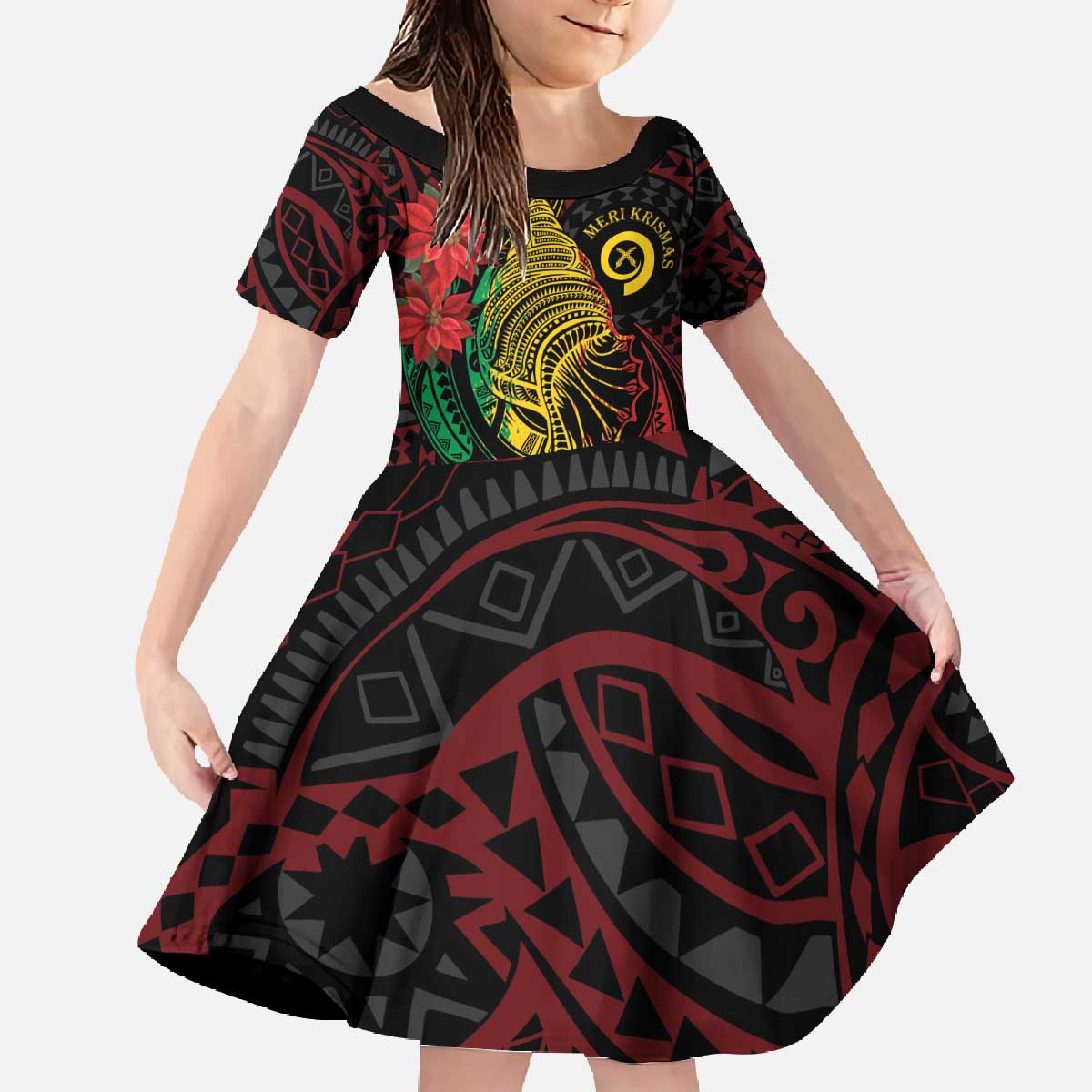 Vanuatu Meri Krismas Family Matching Off The Shoulder Long Sleeve Dress and Hawaiian Shirt Conch Shell Tribal Art LT7 Daughter's Dress Art - Polynesian Pride