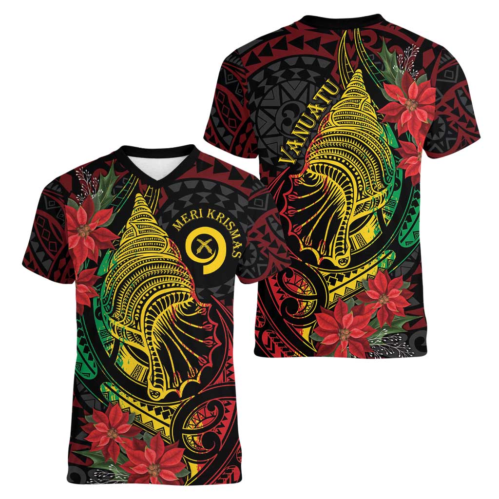 Vanuatu Meri Krismas Women V-Neck T-Shirt Conch Shell Tribal Art