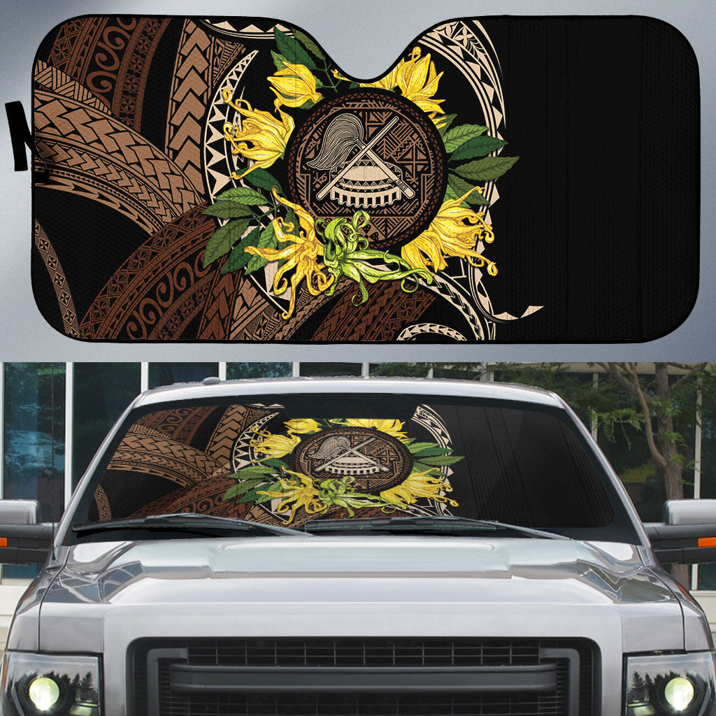 Samoa Moso'oi Flowers Tatau Auto Sun Shade Festive Tapa Brown LT7 Brown - Polynesian Pride