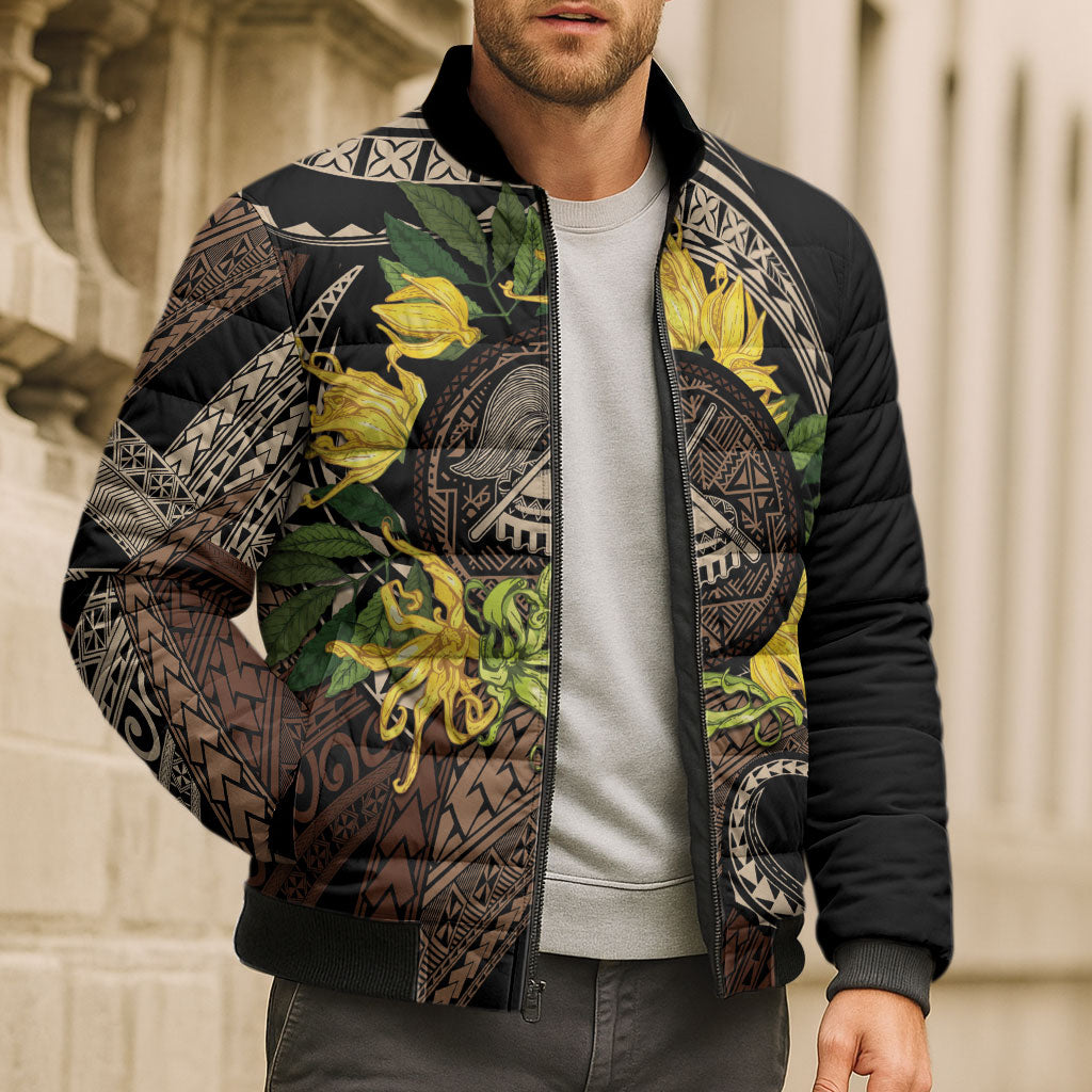 Samoa Moso'oi Flowers Tatau Bomber Puffer Jacket Festive Tapa Brown LT7 - Polynesian Pride