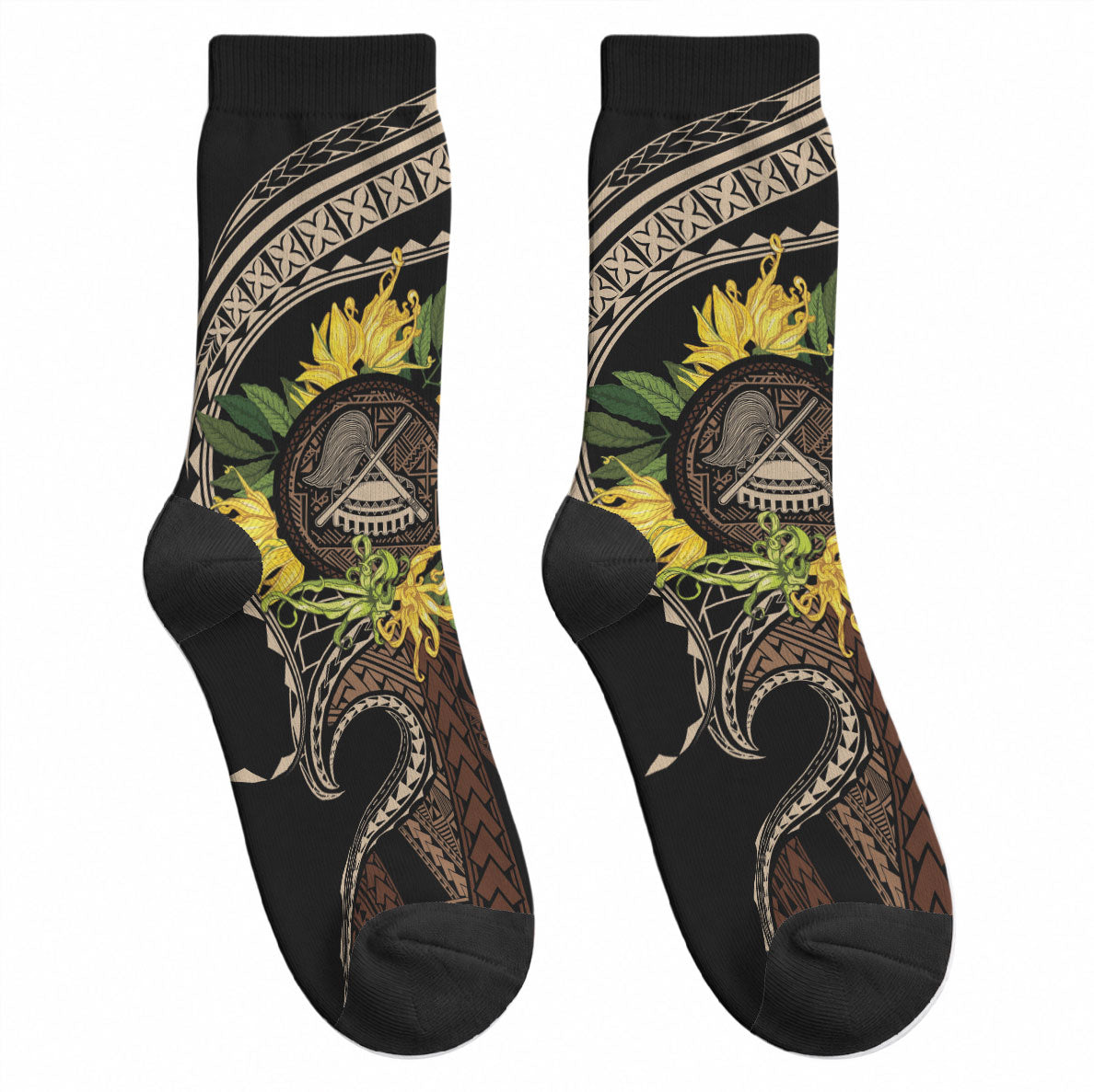 Samoa Moso'oi Flowers Tatau Crew Socks Festive Tapa Brown LT7 - Polynesian Pride
