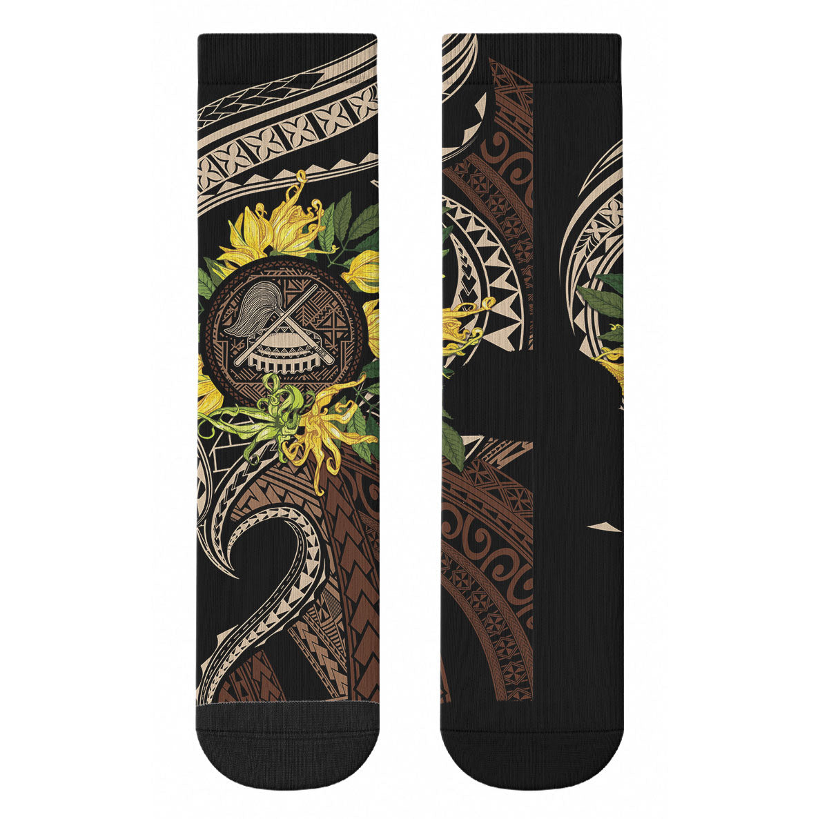 Samoa Moso'oi Flowers Tatau Crew Socks Festive Tapa Brown LT7 - Polynesian Pride