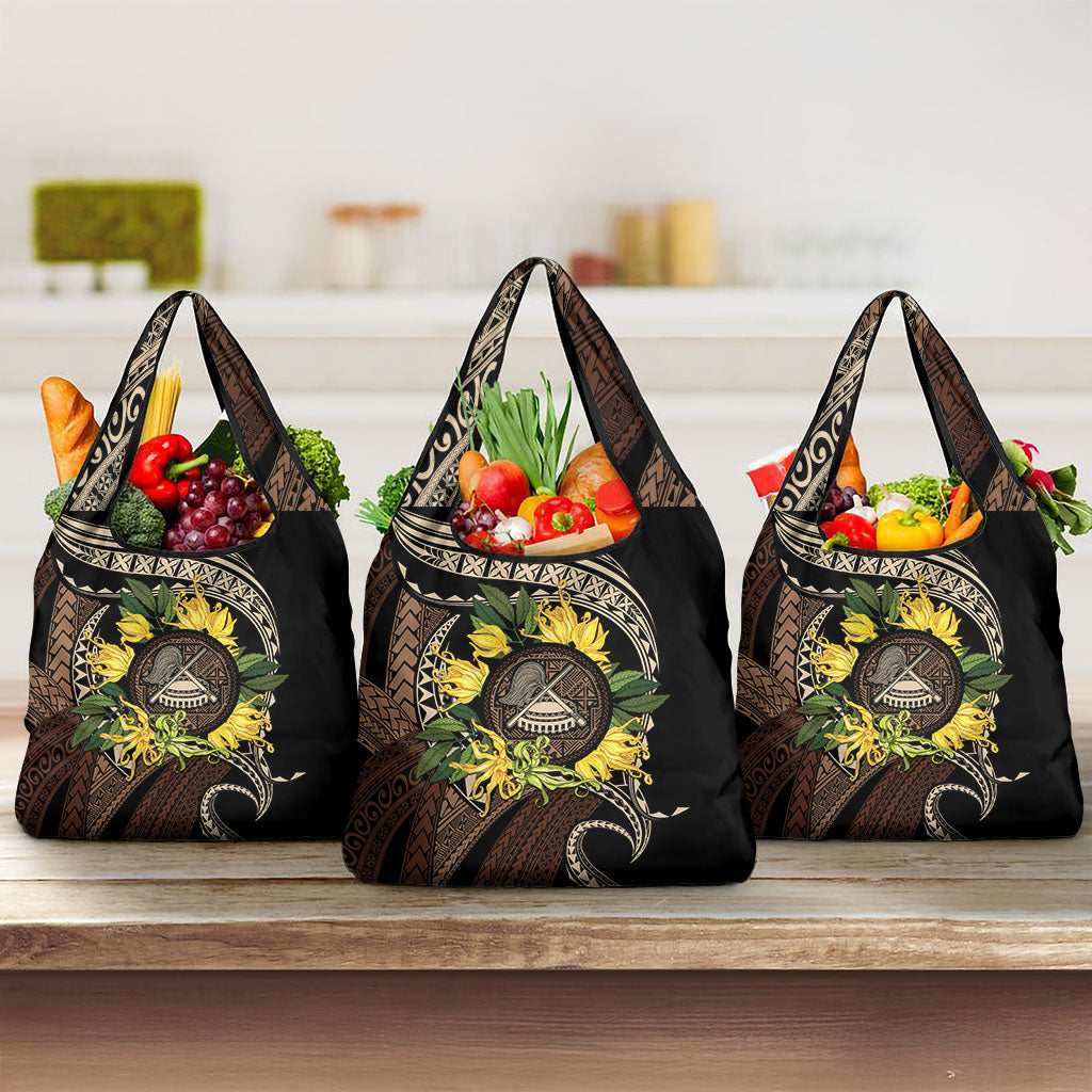 Samoa Moso'oi Flowers Tatau Grocery Bag Festive Tapa Brown LT7 3-pack One Size Brown - Polynesian Pride