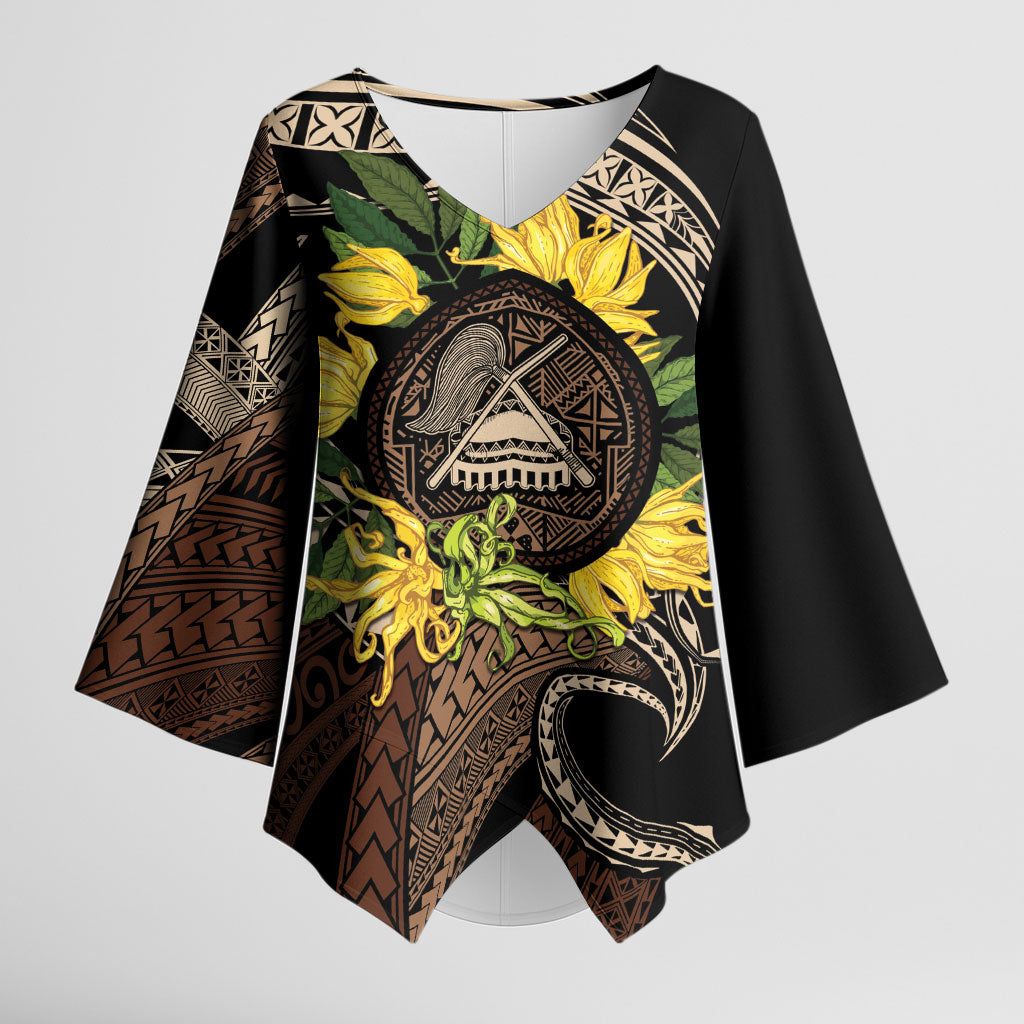 Samoa Moso'oi Flowers Tatau Kimono Sleeve Blouse Festive Tapa Brown LT7 Female Brown - Polynesian Pride