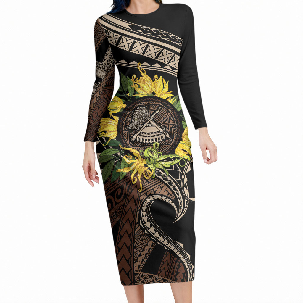 Samoa Moso'oi Flowers Tatau Long Sleeve Bodycon Dress Festive Tapa Brown LT7 Long Dress Brown - Polynesian Pride