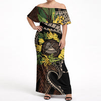 Samoa Moso'oi Flowers Tatau Off Shoulder Maxi Dress Festive Tapa Brown LT7 Women Brown - Polynesian Pride