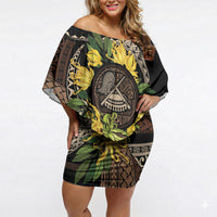 Samoa Moso'oi Flowers Tatau Off Shoulder Short Dress Festive Tapa Brown LT7 Women Brown - Polynesian Pride