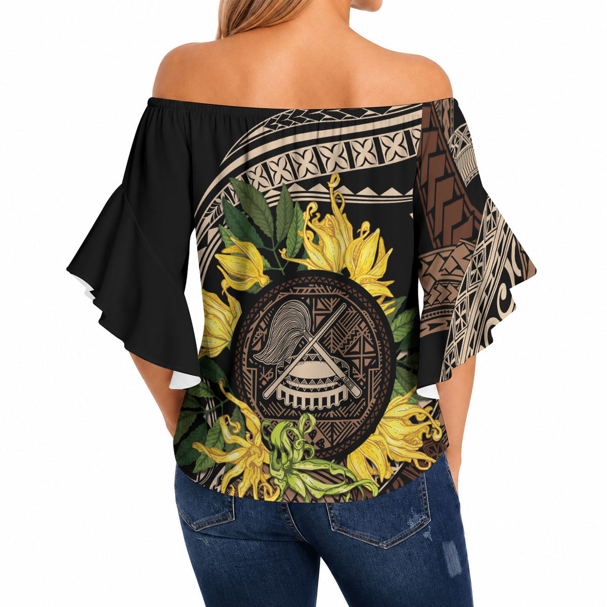 Samoa Moso'oi Flowers Tatau Off Shoulder Wrap Waist Top Festive Tapa Brown LT7 - Polynesian Pride