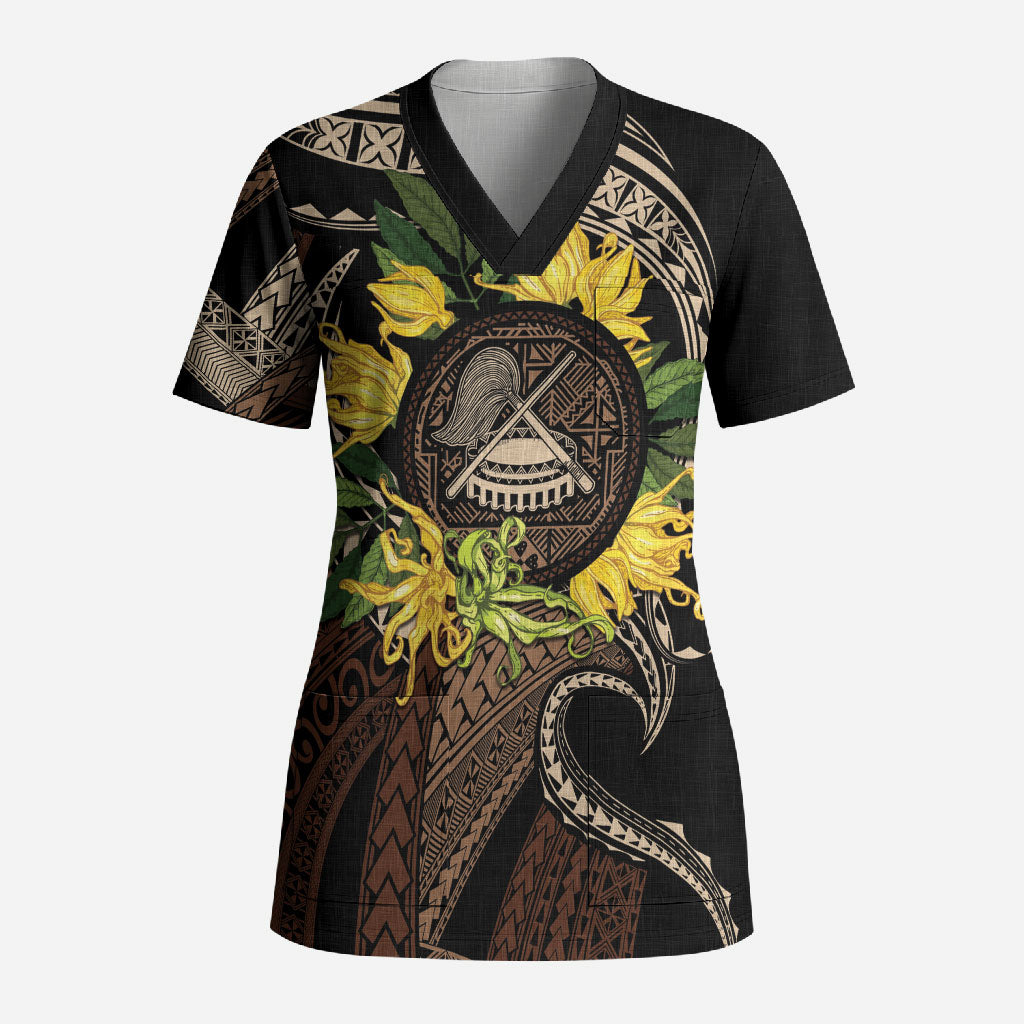 Samoa Moso'oi Flowers Tatau Scrub Top Festive Tapa Brown LT7 Adult Brown - Polynesian Pride