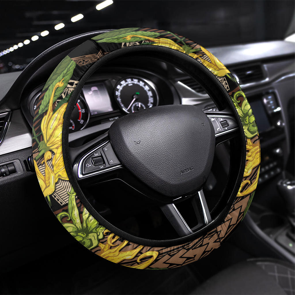 Samoa Moso'oi Flowers Tatau Steering Wheel Cover Festive Tapa Brown LT7 Universal Fit Brown - Polynesian Pride