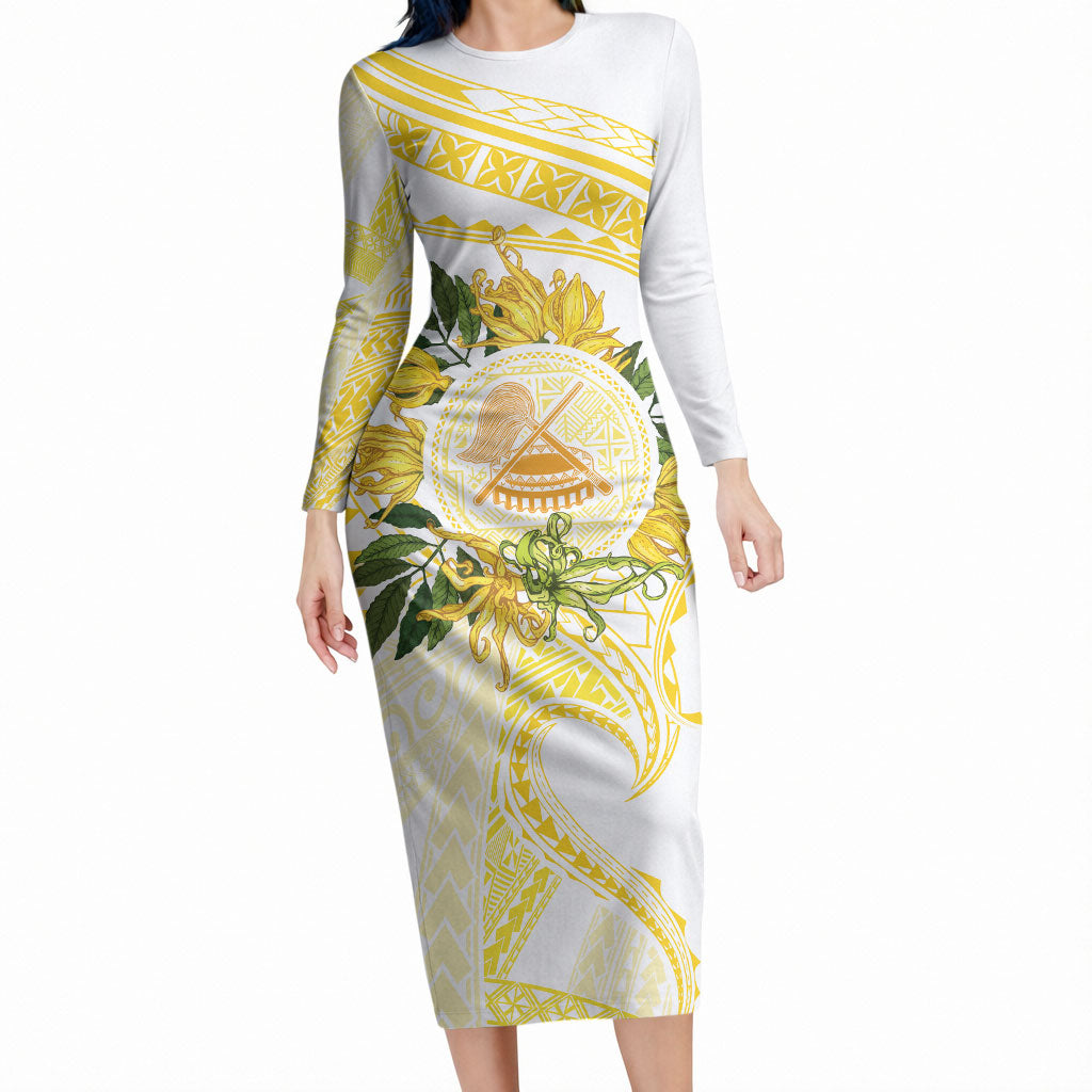 Samoa Moso'oi Flowers Tatau Long Sleeve Bodycon Dress Festive Golden White LT7 Long Dress Gold - Polynesian Pride