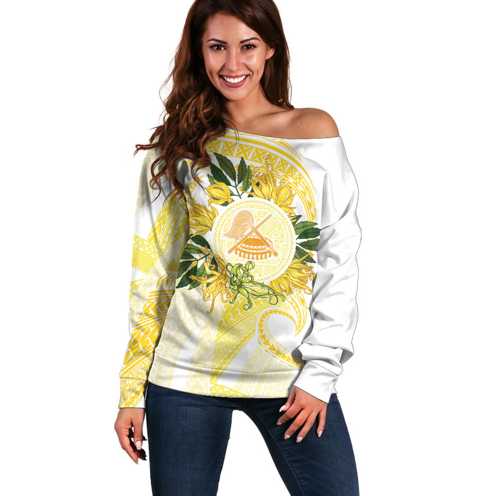 Samoa Moso'oi Flowers Tatau Off Shoulder Sweater Festive Golden White LT7 Women Gold - Polynesian Pride