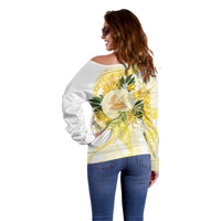 Samoa Moso'oi Flowers Tatau Off Shoulder Sweater Festive Golden White LT7 - Polynesian Pride
