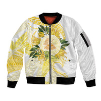 Samoa Moso'oi Flowers Tatau Sleeve Zip Bomber Jacket Festive Golden White LT7 Unisex Gold - Polynesian Pride