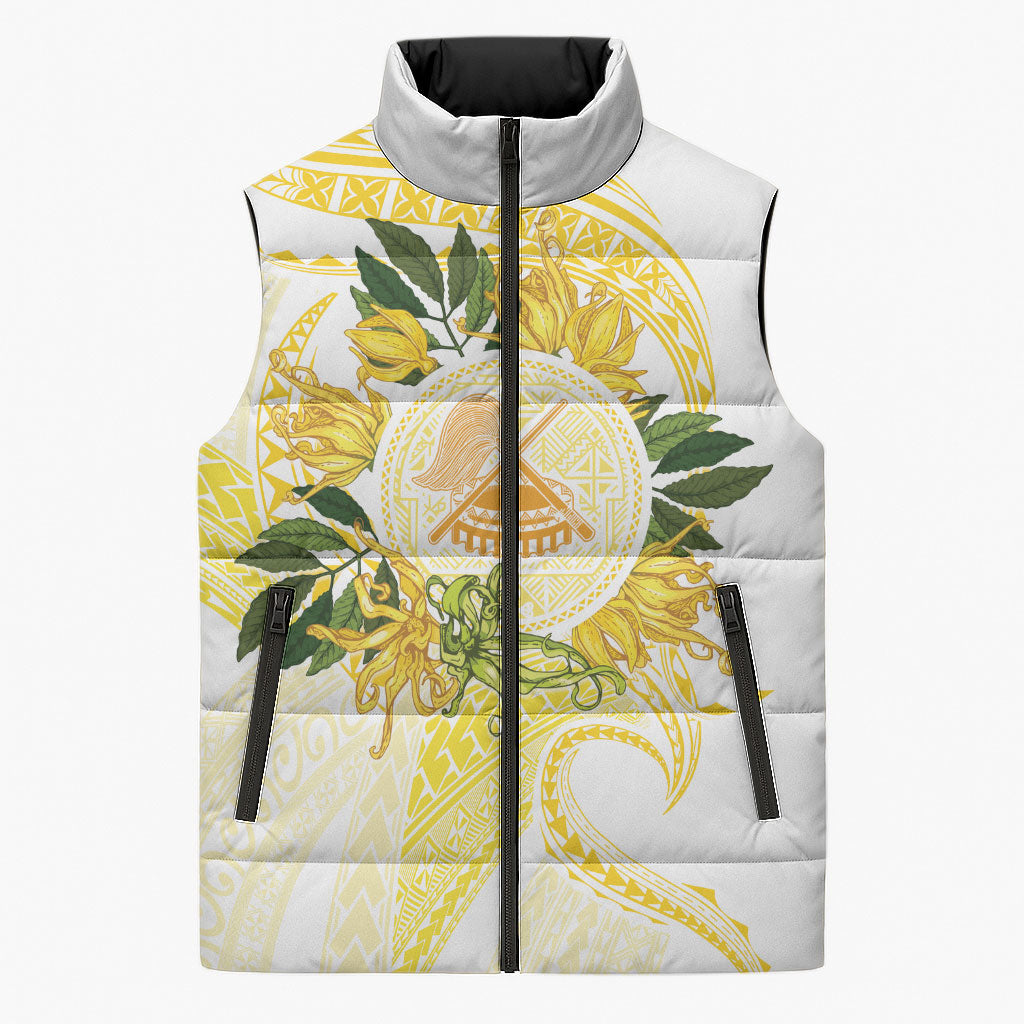 Samoa Moso'oi Flowers Tatau Sleeveless Puffer Jacket Festive Golden White LT7 Unisex Gold - Polynesian Pride