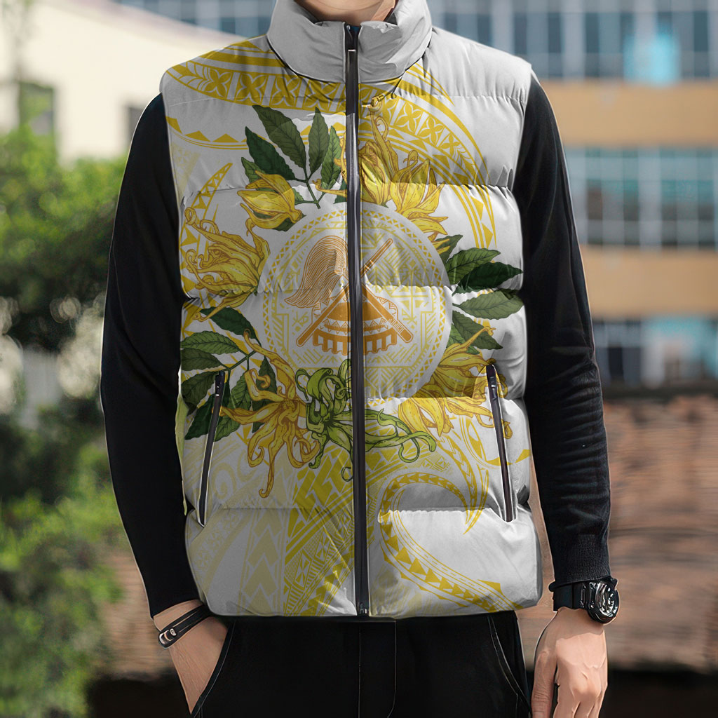 Samoa Moso'oi Flowers Tatau Sleeveless Puffer Jacket Festive Golden White LT7 - Polynesian Pride