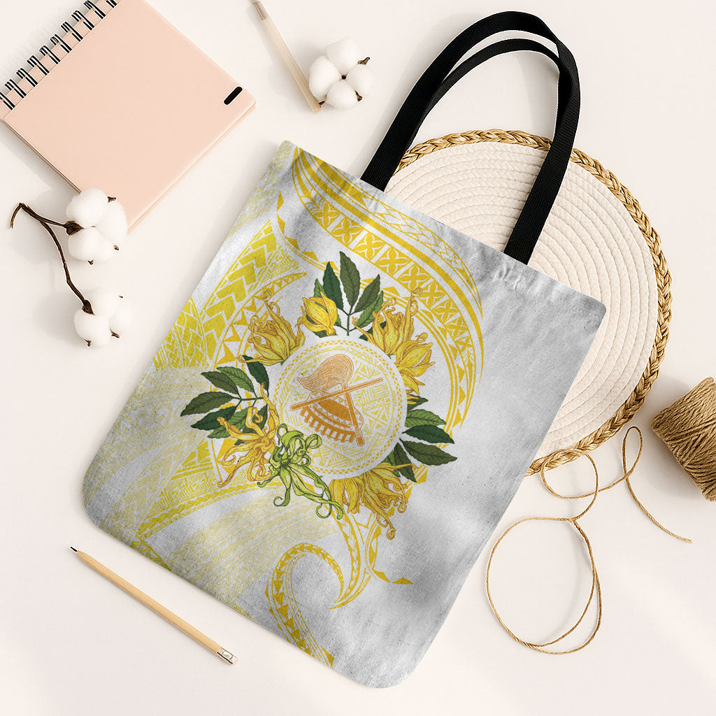 Samoa Moso'oi Flowers Tatau Tote Bag Festive Golden White LT7 Black Strap One Size Gold - Polynesian Pride