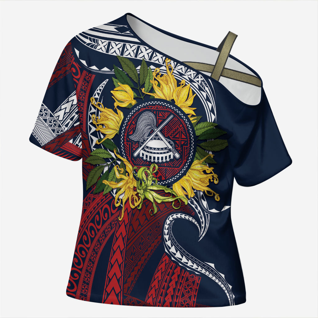 Samoa Moso'oi Flowers Tatau Cross Shoulder Shirt Festive National Color LT7 Female Blue Red - Polynesian Pride