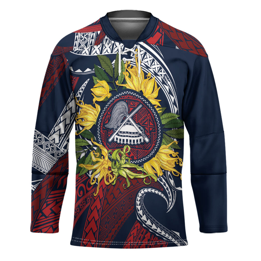 Samoa Moso'oi Flowers Tatau Hockey Jersey Festive National Color LT7 Unisex Blue Red - Polynesian Pride