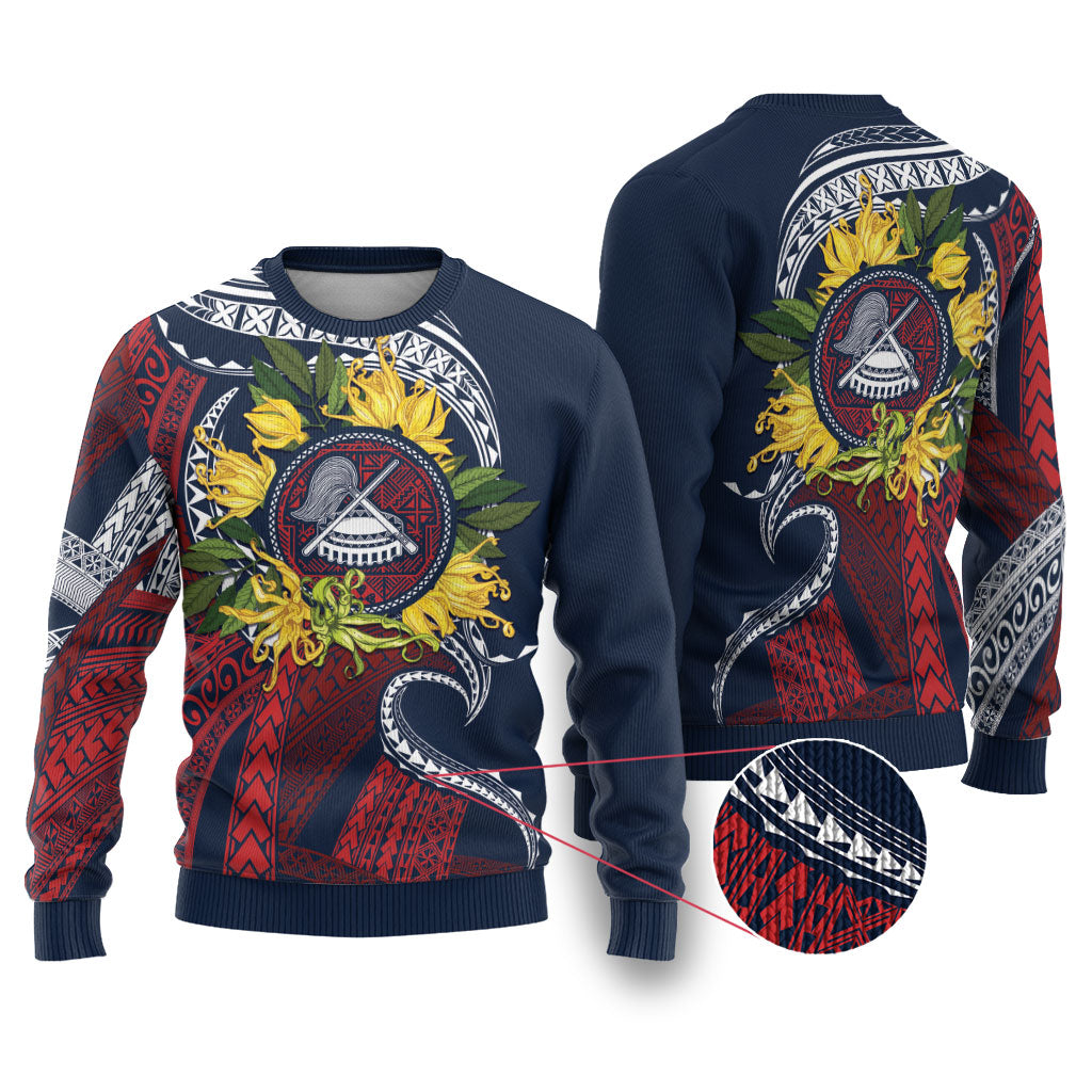 Samoa Moso'oi Flowers Tatau Ugly Christmas Sweater Festive National Color LT7 Blue Red - Polynesian Pride