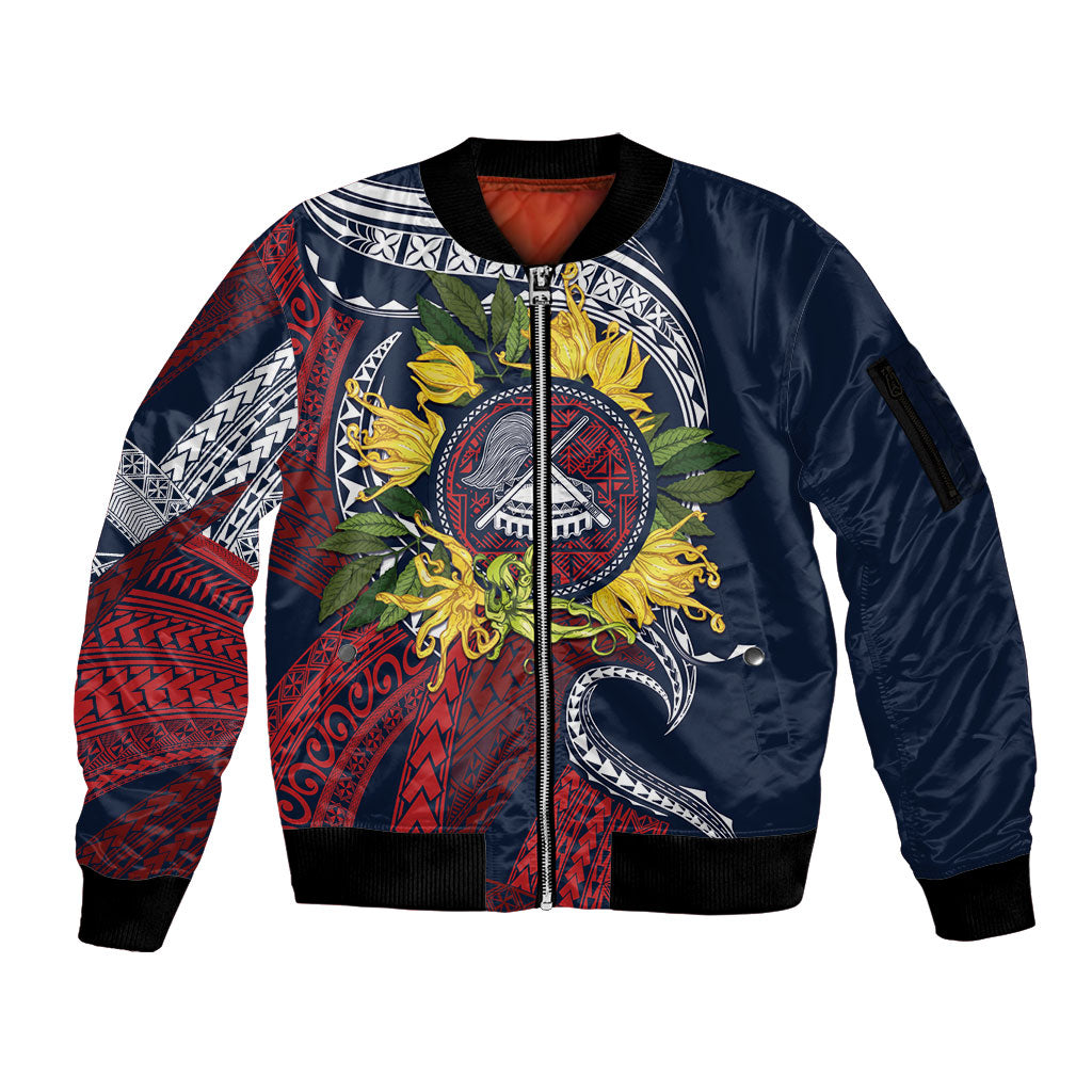 Samoa Moso'oi Flowers Tatau Sleeve Zip Bomber Jacket Festive National Color LT7 Unisex Blue Red - Polynesian Pride