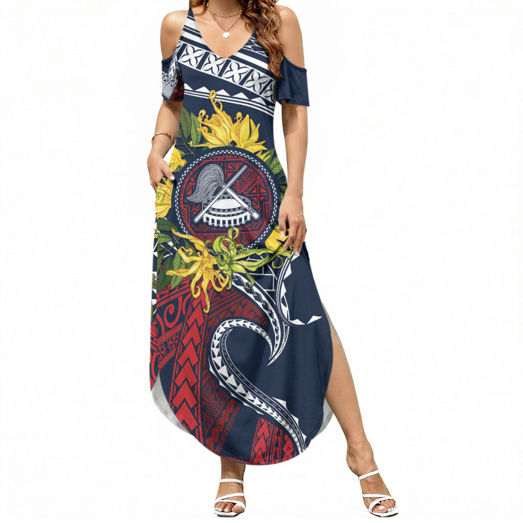 Samoa Moso'oi Flowers Tatau Summer Maxi Dress Festive National Color LT7 Women Blue Red - Polynesian Pride