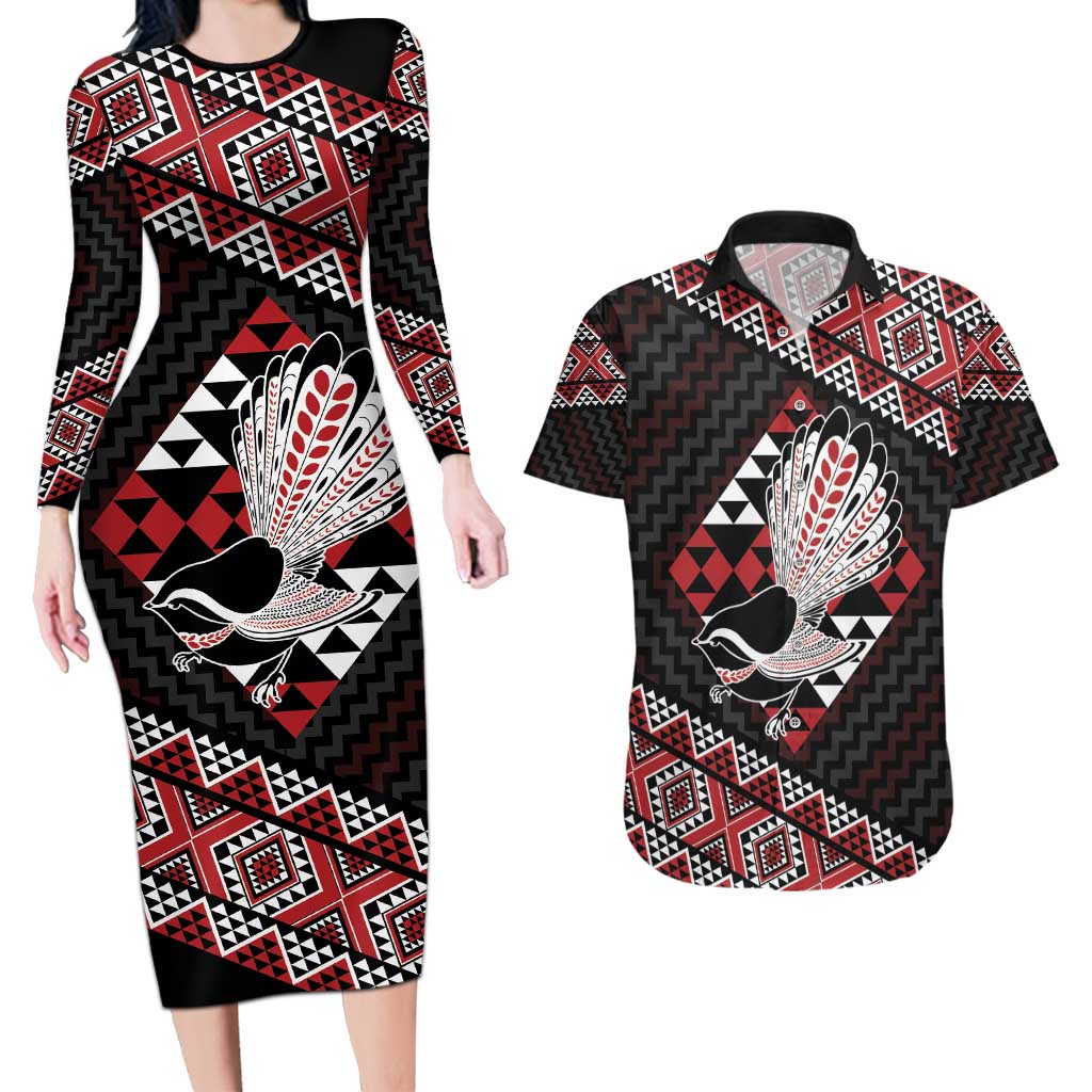 Taniko Aotearoa Couples Matching Long Sleeve Bodycon Dress and Hawaiian Shirt Poutama Mix Piwakawaka LT7 Red - Polynesian Pride