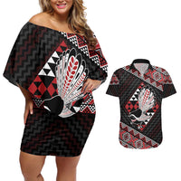 Taniko Aotearoa Couples Matching Off Shoulder Short Dress and Hawaiian Shirt Poutama Mix Piwakawaka