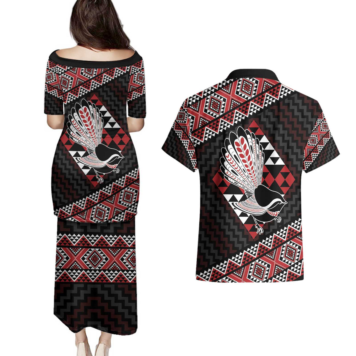 Taniko Aotearoa Couples Matching Puletasi and Hawaiian Shirt Poutama Mix Piwakawaka