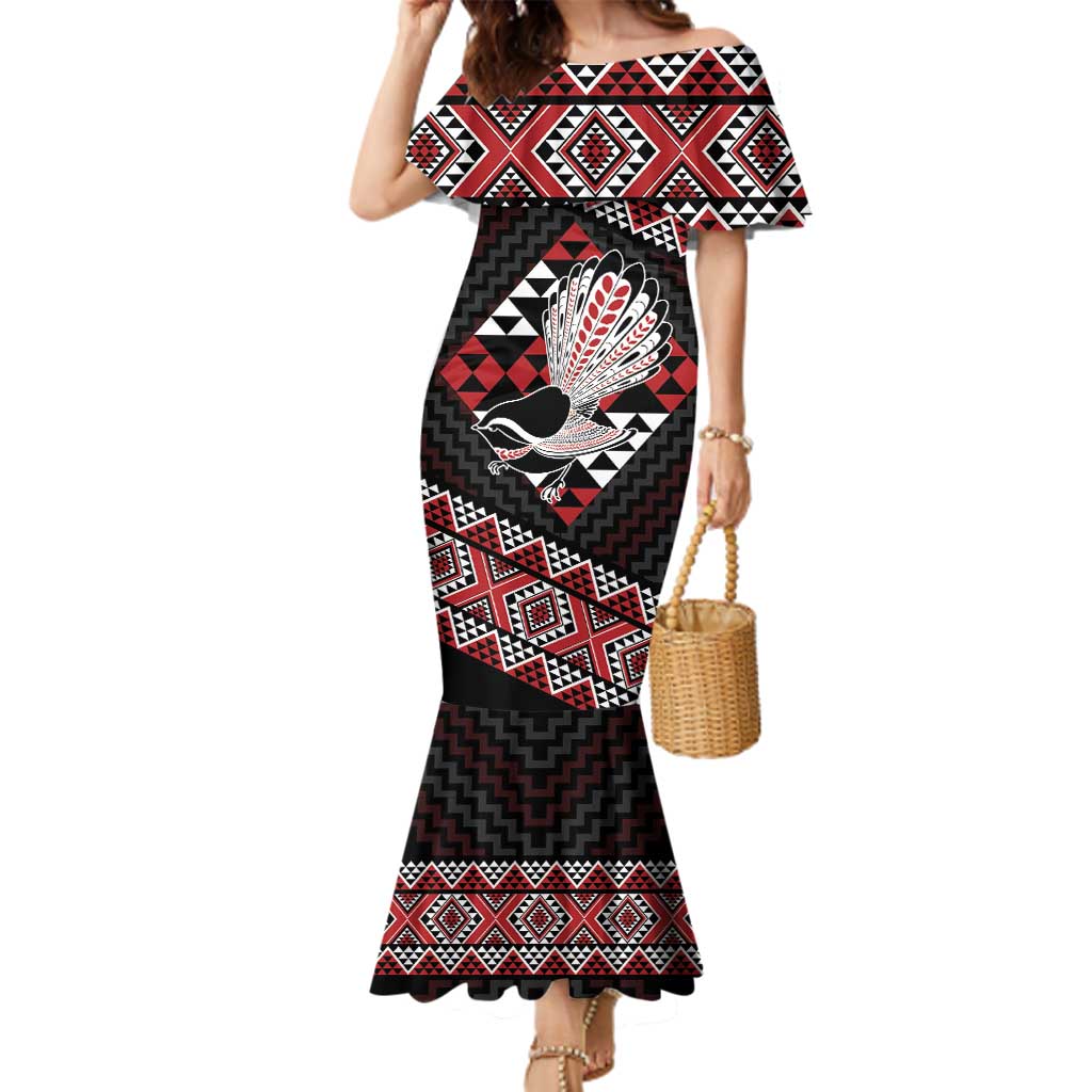 Taniko Aotearoa Family Matching Mermaid Dress and Hawaiian Shirt Poutama Mix Piwakawaka LT7 Mom's Dress Red - Polynesian Pride