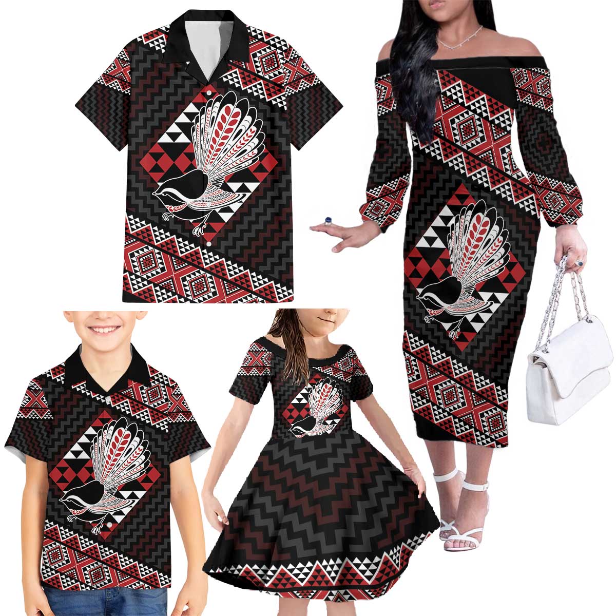 Taniko Aotearoa Family Matching Off The Shoulder Long Sleeve Dress and Hawaiian Shirt Poutama Mix Piwakawaka LT7 - Polynesian Pride