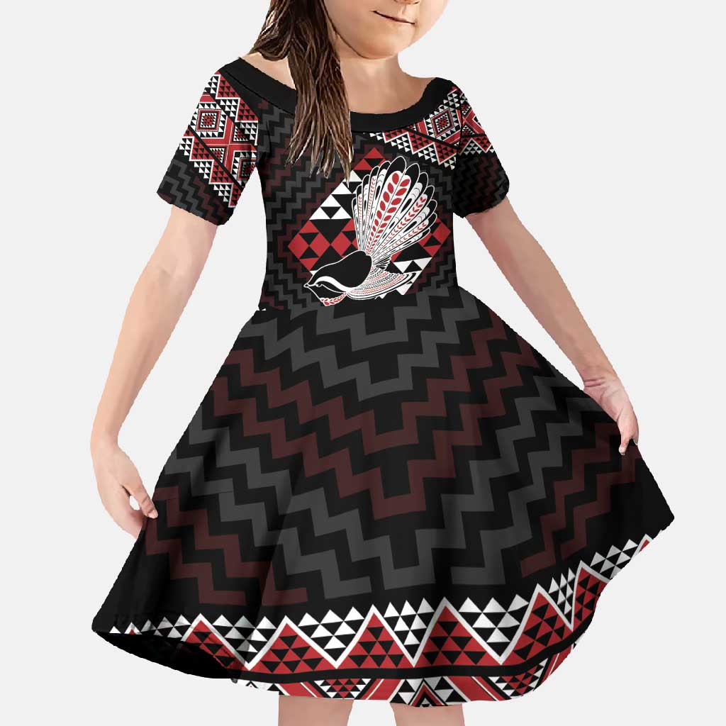 Taniko Aotearoa Family Matching Off Shoulder Maxi Dress and Hawaiian Shirt Poutama Mix Piwakawaka LT7 Daughter's Dress Red - Polynesian Pride