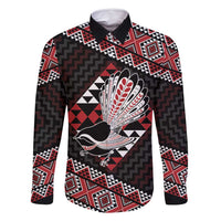 Taniko Aotearoa Family Matching Off Shoulder Maxi Dress and Hawaiian Shirt Poutama Mix Piwakawaka LT7 Dad's Shirt - Long Sleeve Red - Polynesian Pride