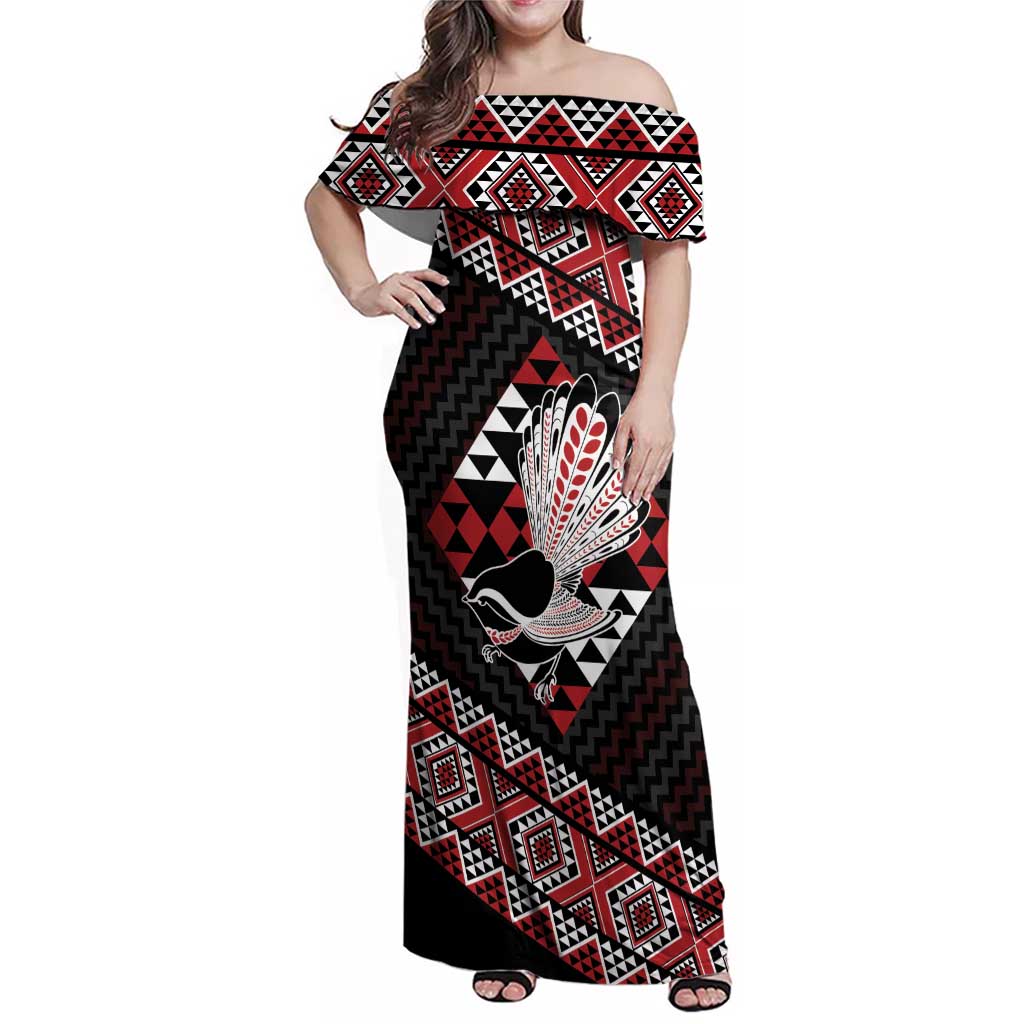 Taniko Aotearoa Family Matching Off Shoulder Maxi Dress and Hawaiian Shirt Poutama Mix Piwakawaka LT7 Mom's Dress Red - Polynesian Pride