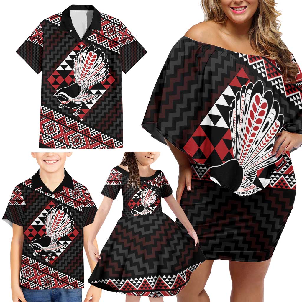 Taniko Aotearoa Family Matching Off Shoulder Short Dress and Hawaiian Shirt Poutama Mix Piwakawaka LT7 - Polynesian Pride