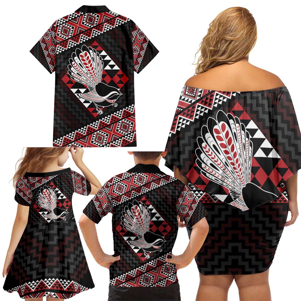 Taniko Aotearoa Family Matching Off Shoulder Short Dress and Hawaiian Shirt Poutama Mix Piwakawaka LT7 - Polynesian Pride
