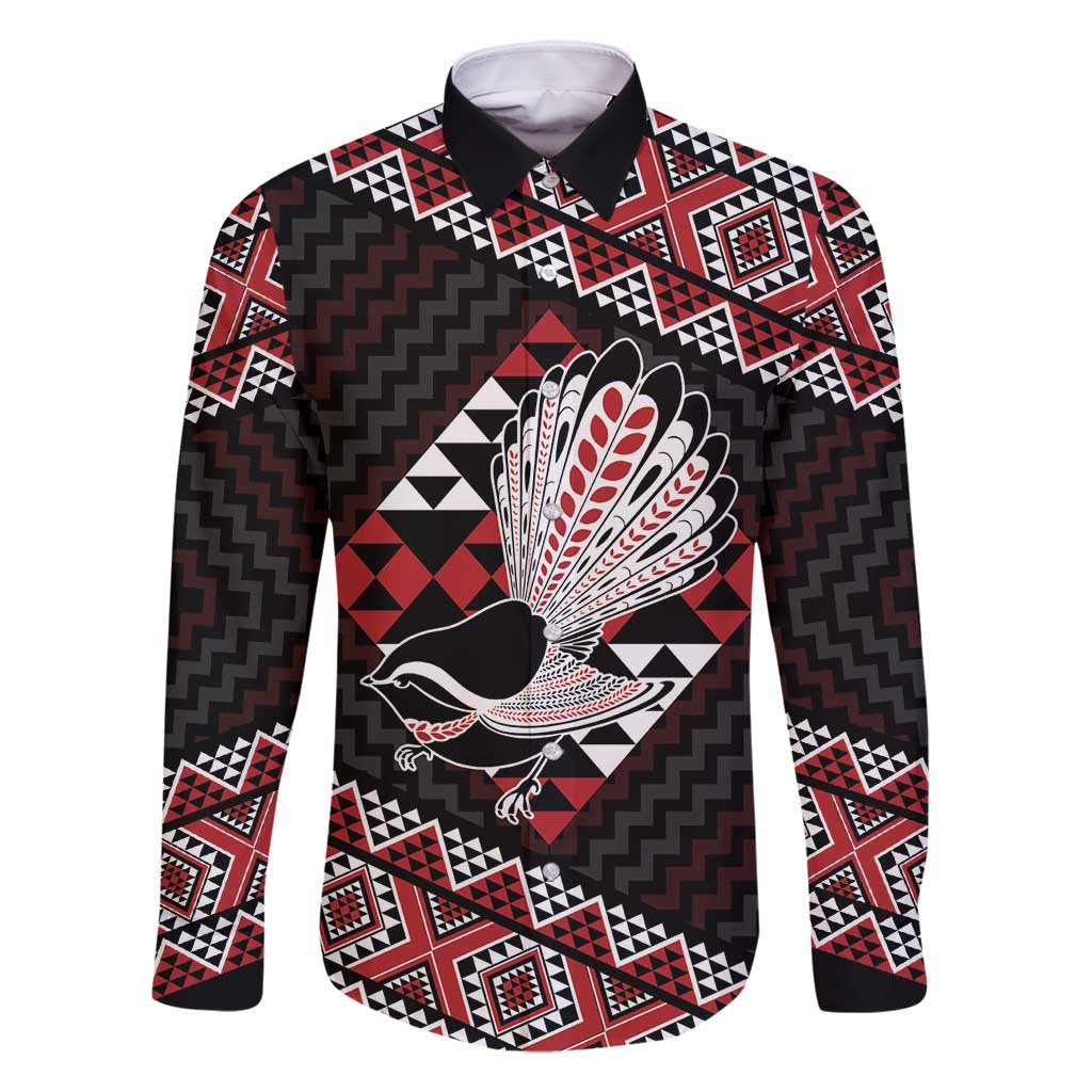 Taniko Aotearoa Family Matching Off Shoulder Short Dress and Hawaiian Shirt Poutama Mix Piwakawaka LT7 Dad's Shirt - Long Sleeve Red - Polynesian Pride