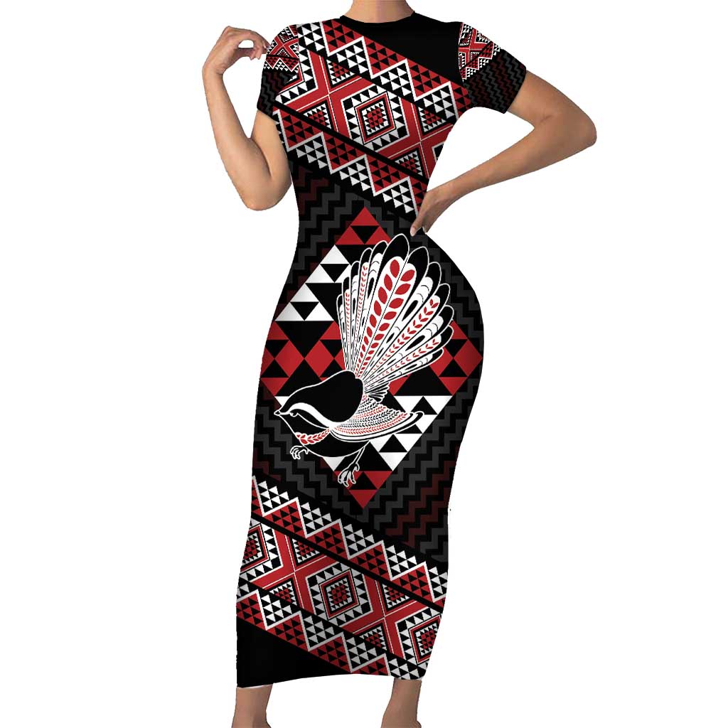 Taniko Aotearoa Family Matching Short Sleeve Bodycon Dress and Hawaiian Shirt Poutama Mix Piwakawaka LT7 Mom's Dress Red - Polynesian Pride