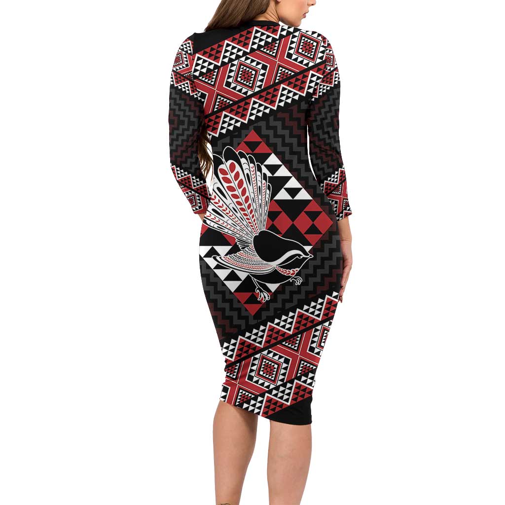 Taniko Aotearoa Long Sleeve Bodycon Dress Poutama Mix Piwakawaka LT7 - Polynesian Pride