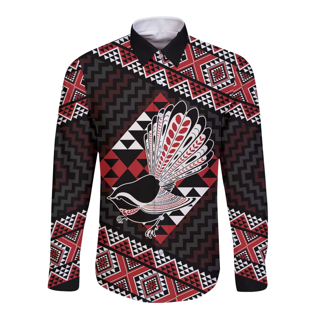Taniko Aotearoa Long Sleeve Button Shirt Poutama Mix Piwakawaka LT7 Unisex Red - Polynesian Pride