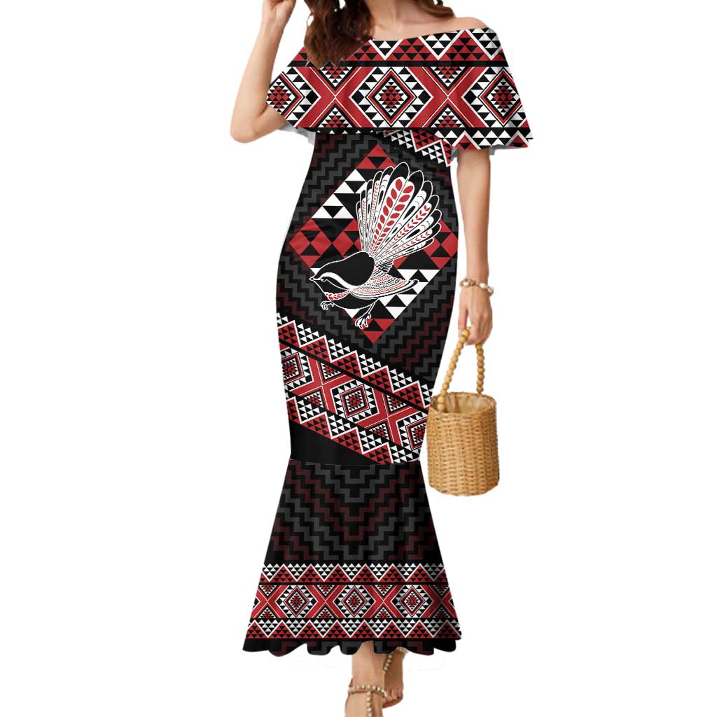 Taniko Aotearoa Mermaid Dress Poutama Mix Piwakawaka LT7 Women Red - Polynesian Pride